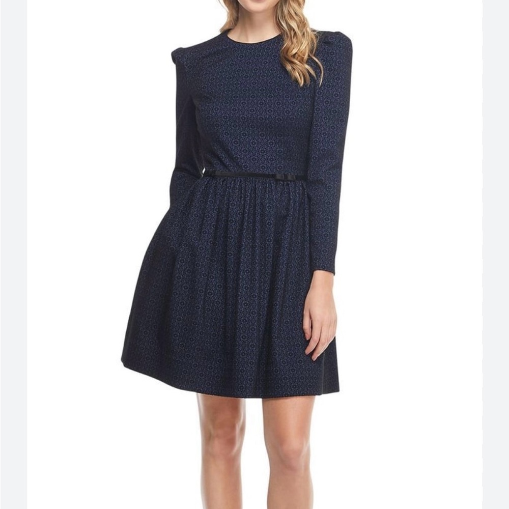 Gal Meets Glam Navy Blue Long Sleeve Dress Black Floral Black Velvet Accent Sz 8